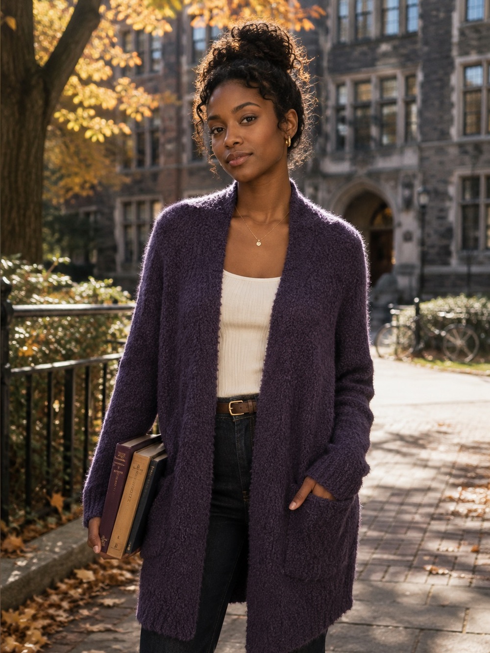 BAREFOOT DREAMS Ultra Soft Collegiate Purple/Eggplant Boucle Open Cardigan S/M